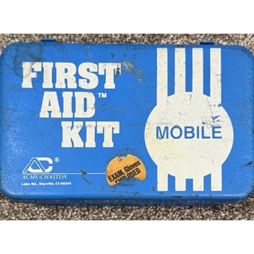 Vintage Rare Blue ACME INDUSTRIAL FIRST AID KIT #50 Metal With Lots Of Contents